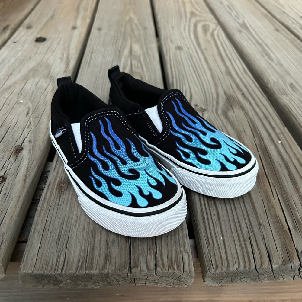 Vans Kids Toddlers Flame Slip On Shoes- Black With Blue Flames Size 11